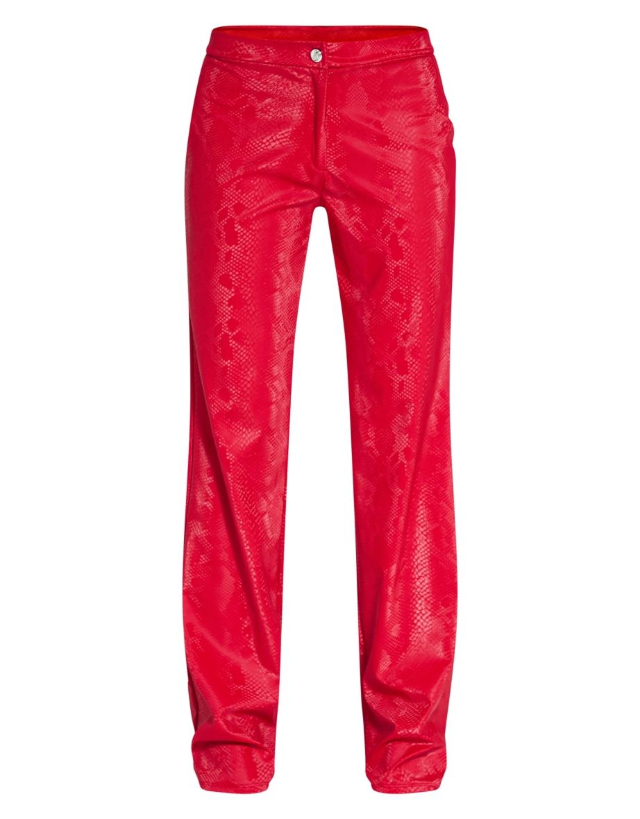 Red Snakeskin Matte Vinyl High Waist Straight Leg Trousers - 3