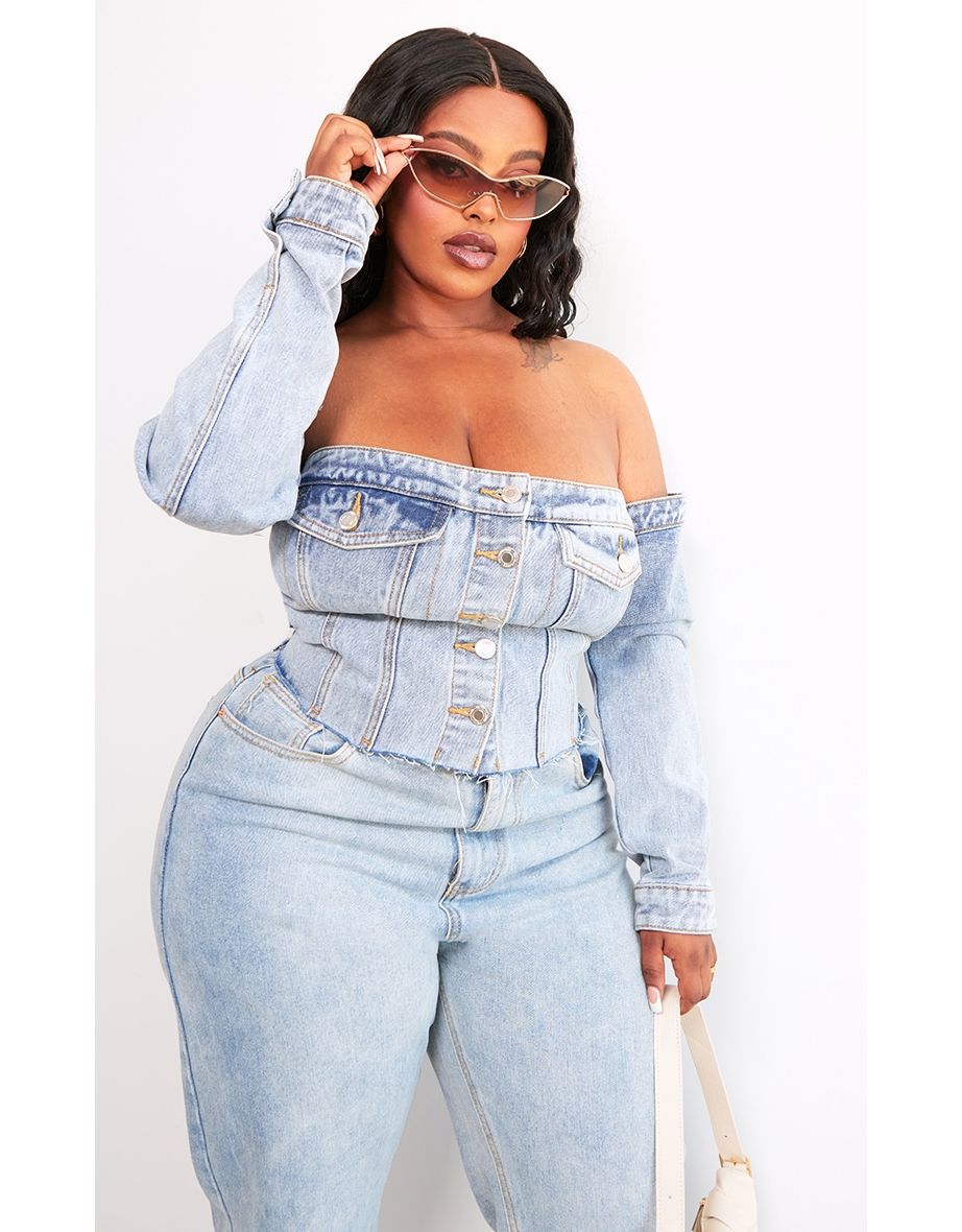 Shop Plus Light Blue Wash Button Up Bardot Denim Corset Online in Iraq VogaCloset