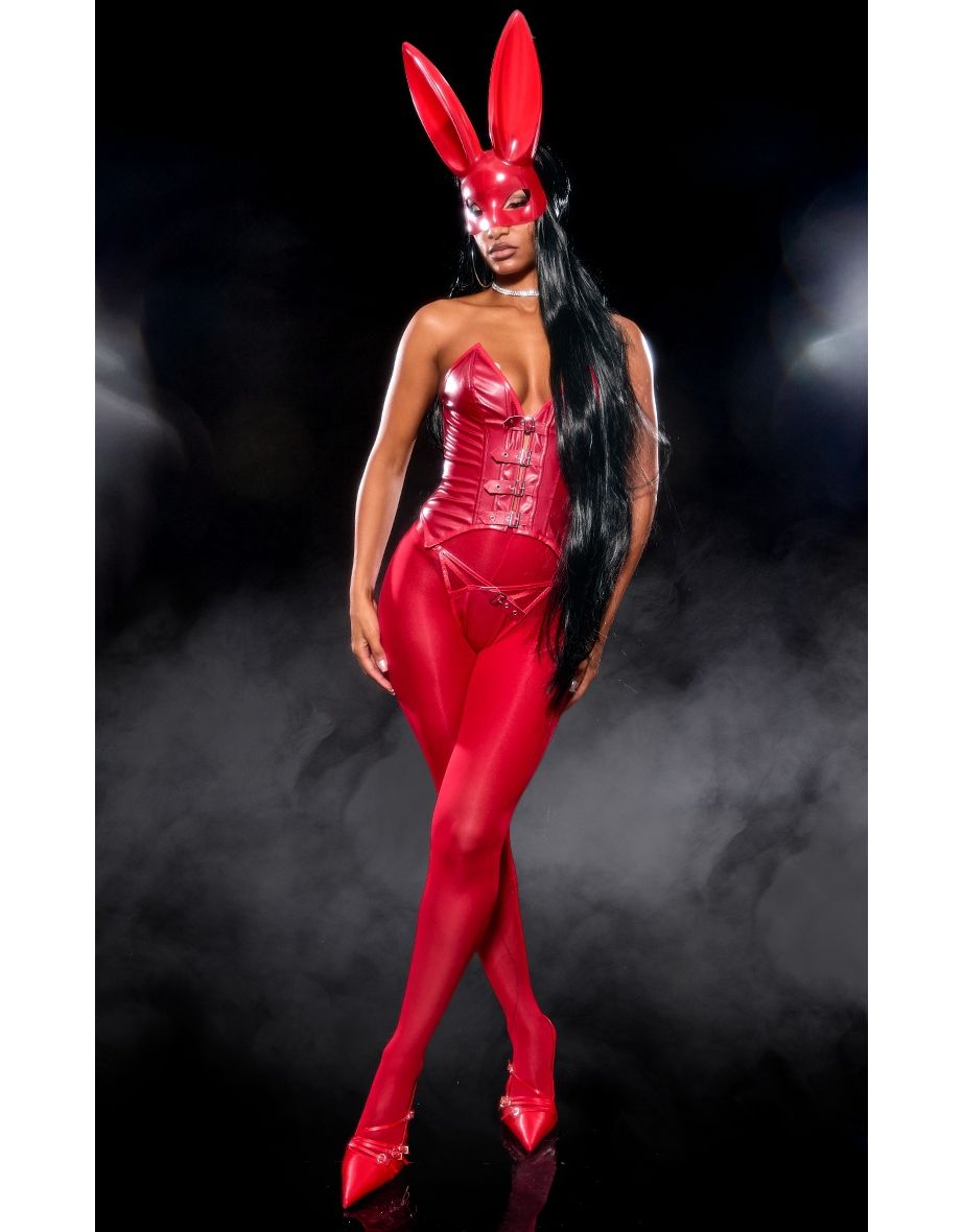 Red PU Buckle Detail Corset Lingerie Set