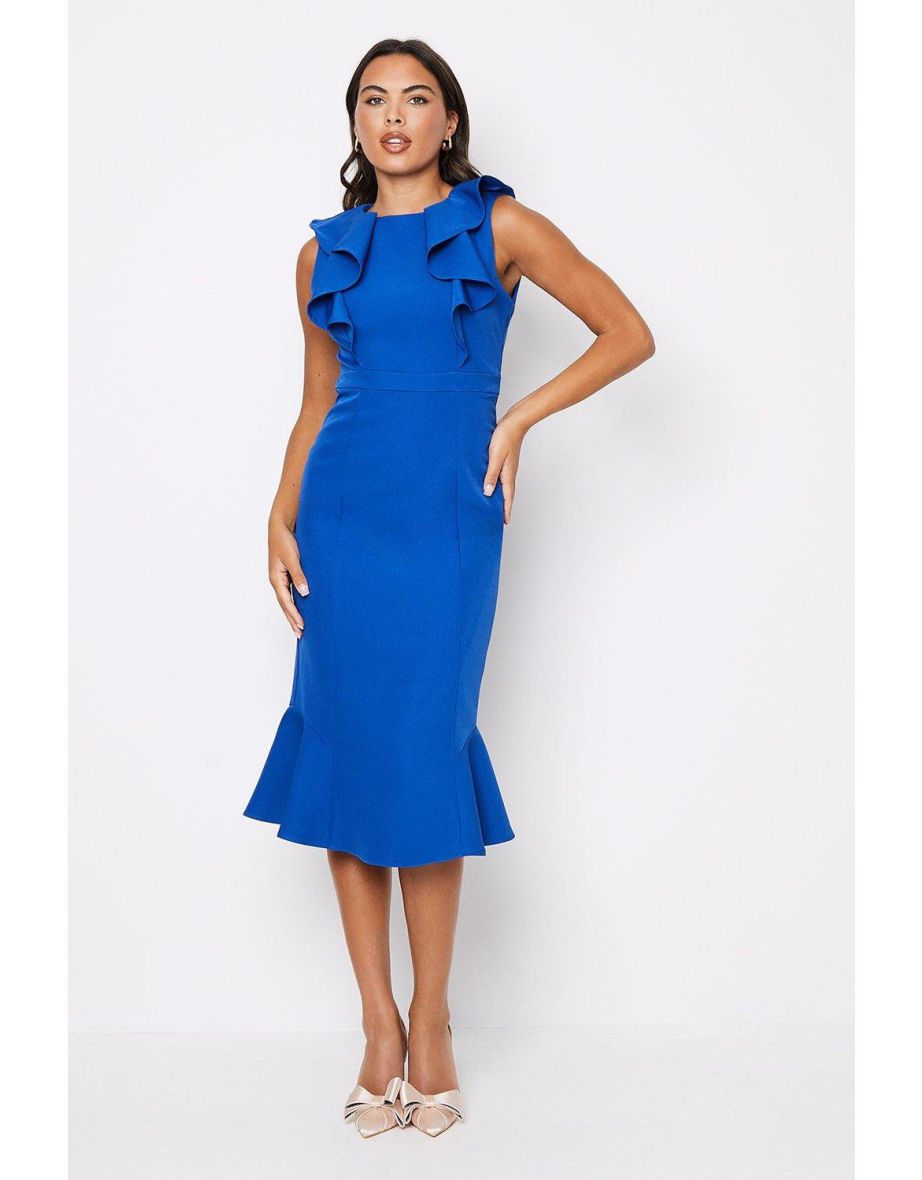 Frill Detail Crepe Flared Skirt Midi Dress