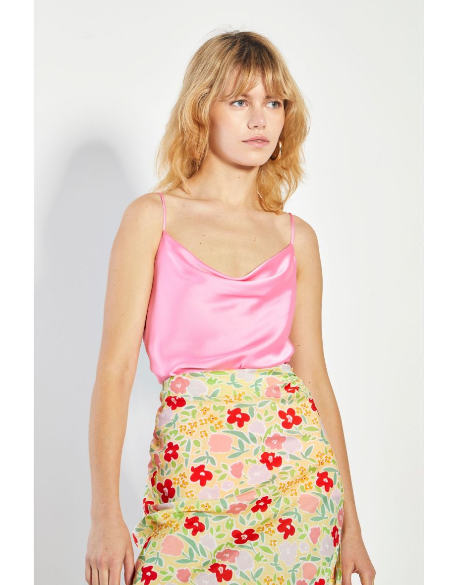 Glamorous Bright Pink Satin Cowl Neck Top - 3