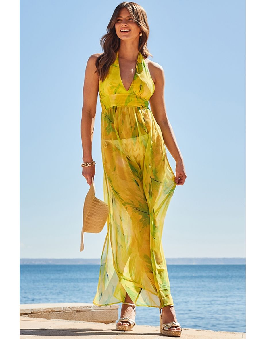 Yellow Feather Print Halter Neck Maxi Beach Dress - 4