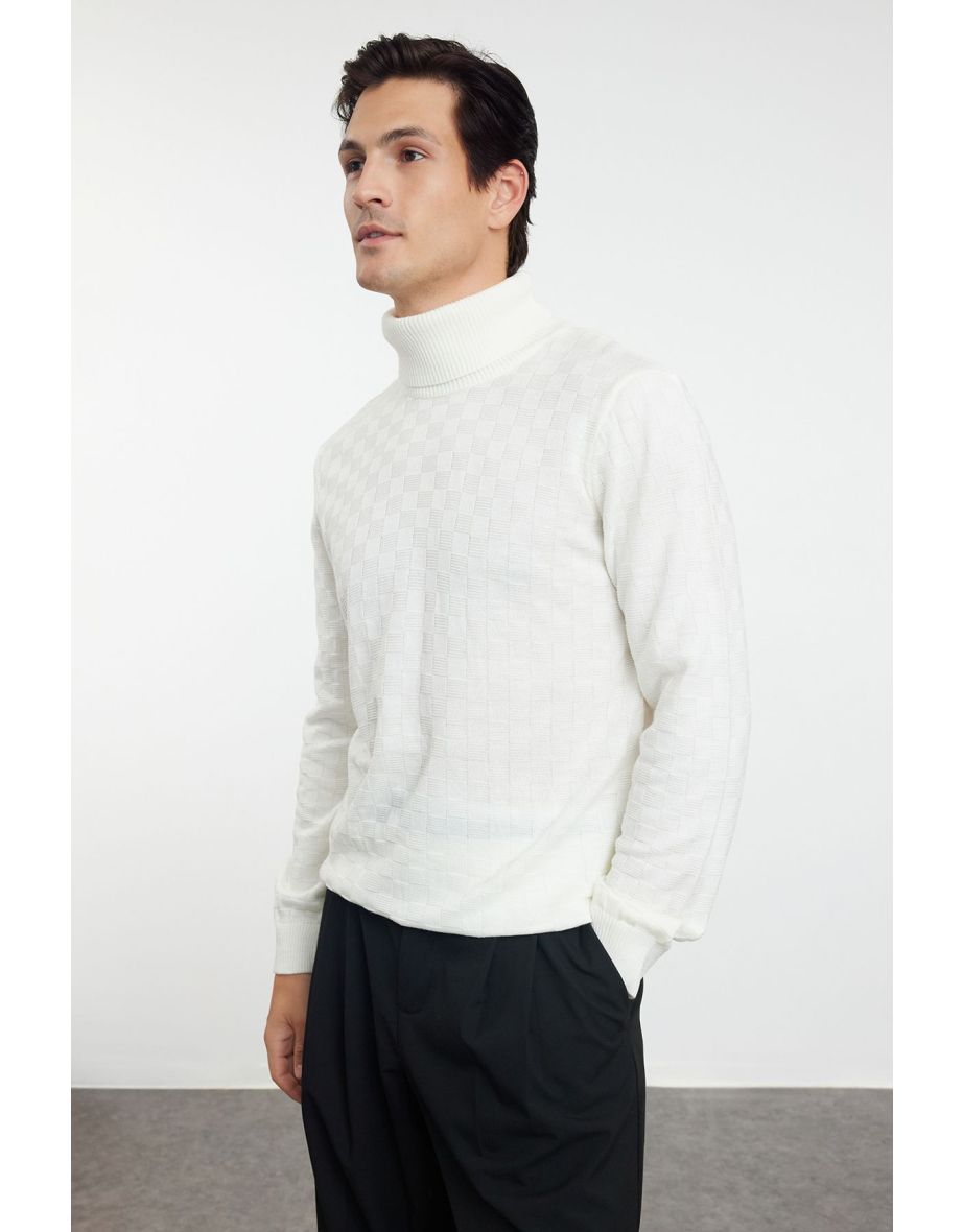 Ecru Men's Turtleneck Textured Knitwear Sweater