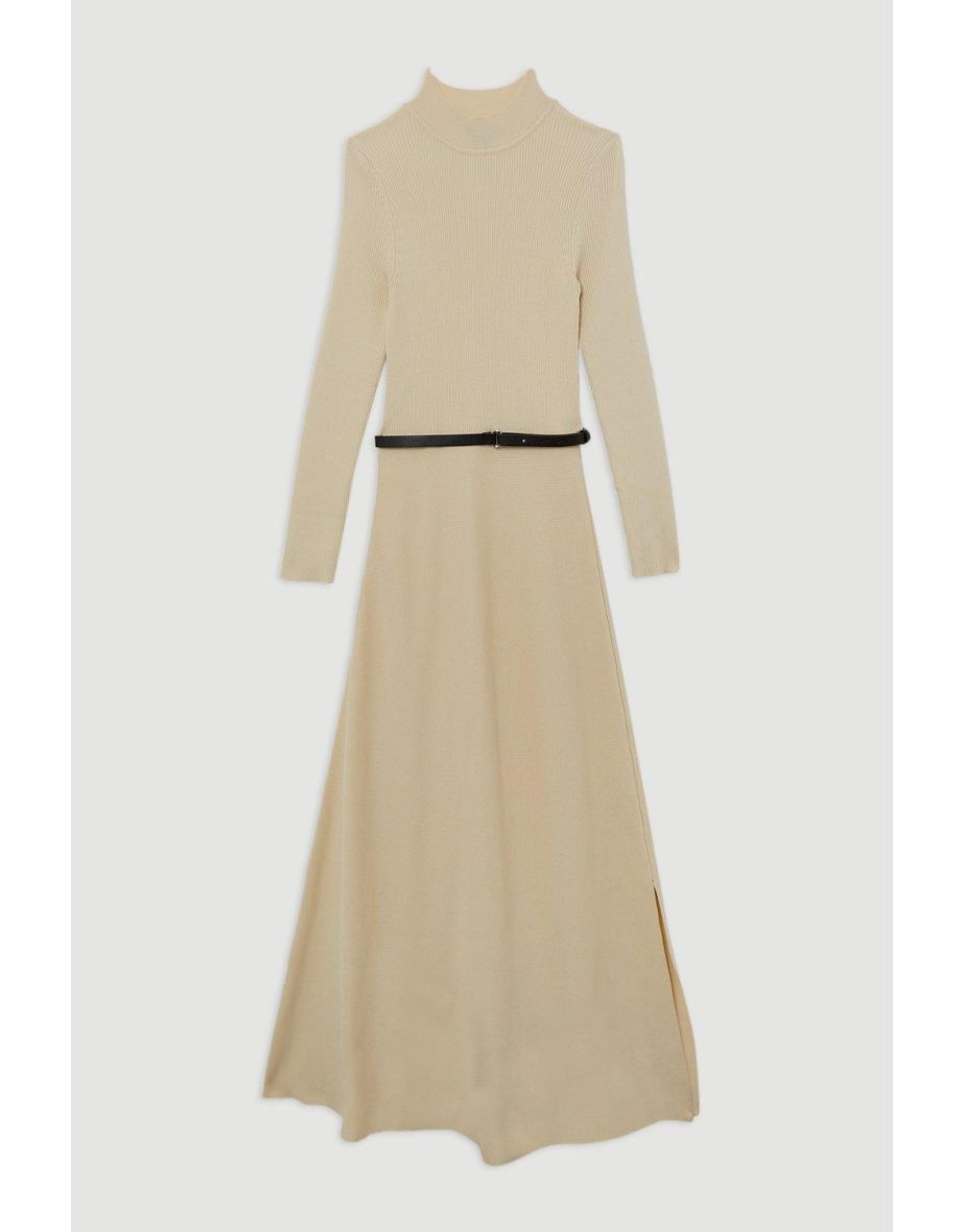 Viscose Blend Rib Knit Belted Midi Dress - 4
