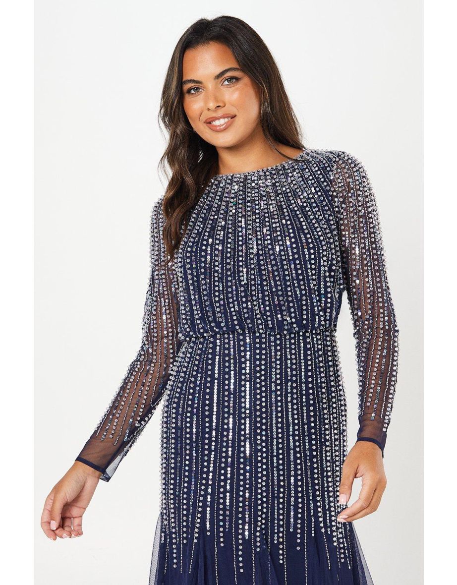 Linear Sequin Embellished Long Sleeve Midi Dress - 3