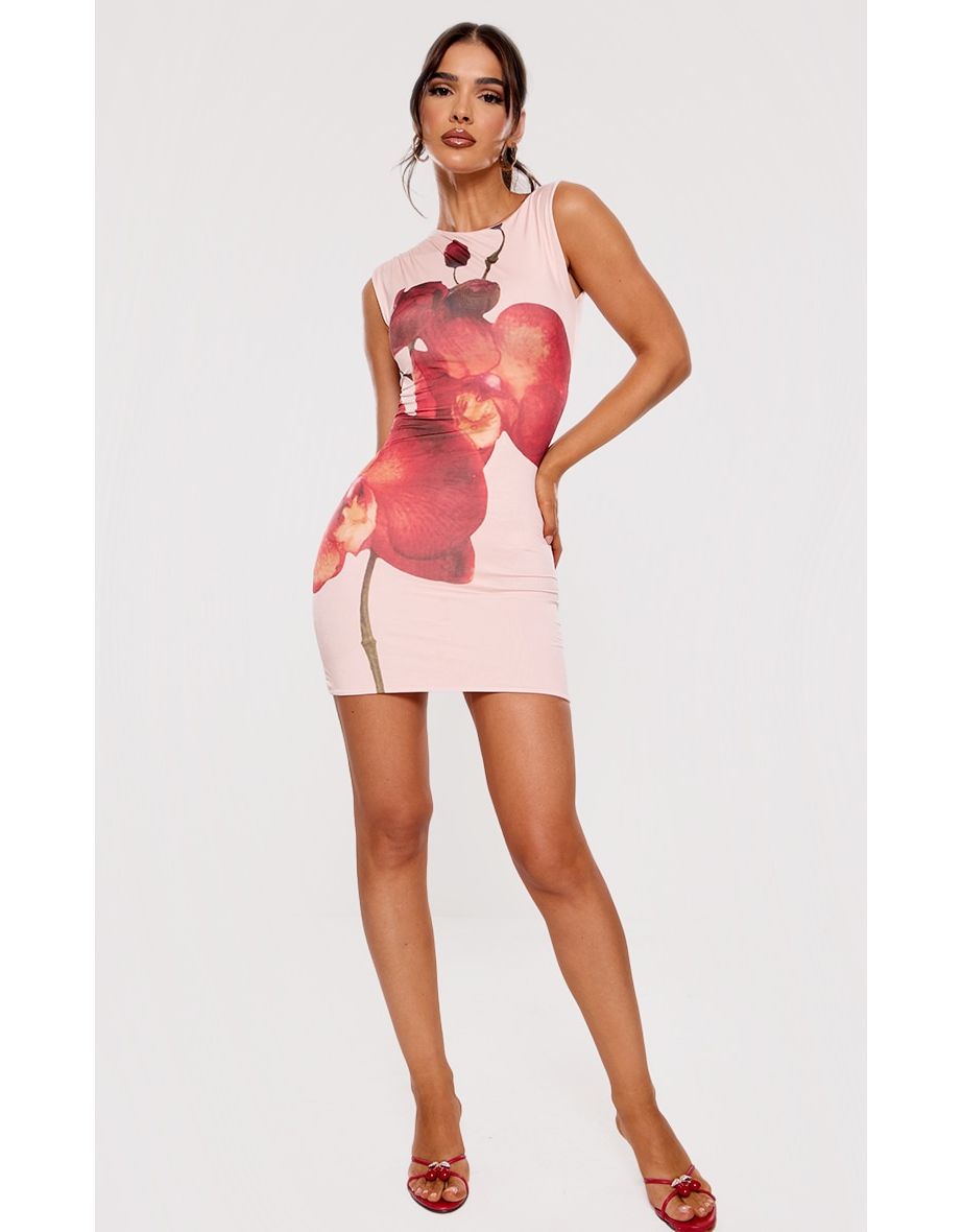 Nude Floral Print Slinky Racer Neck Mini Dress