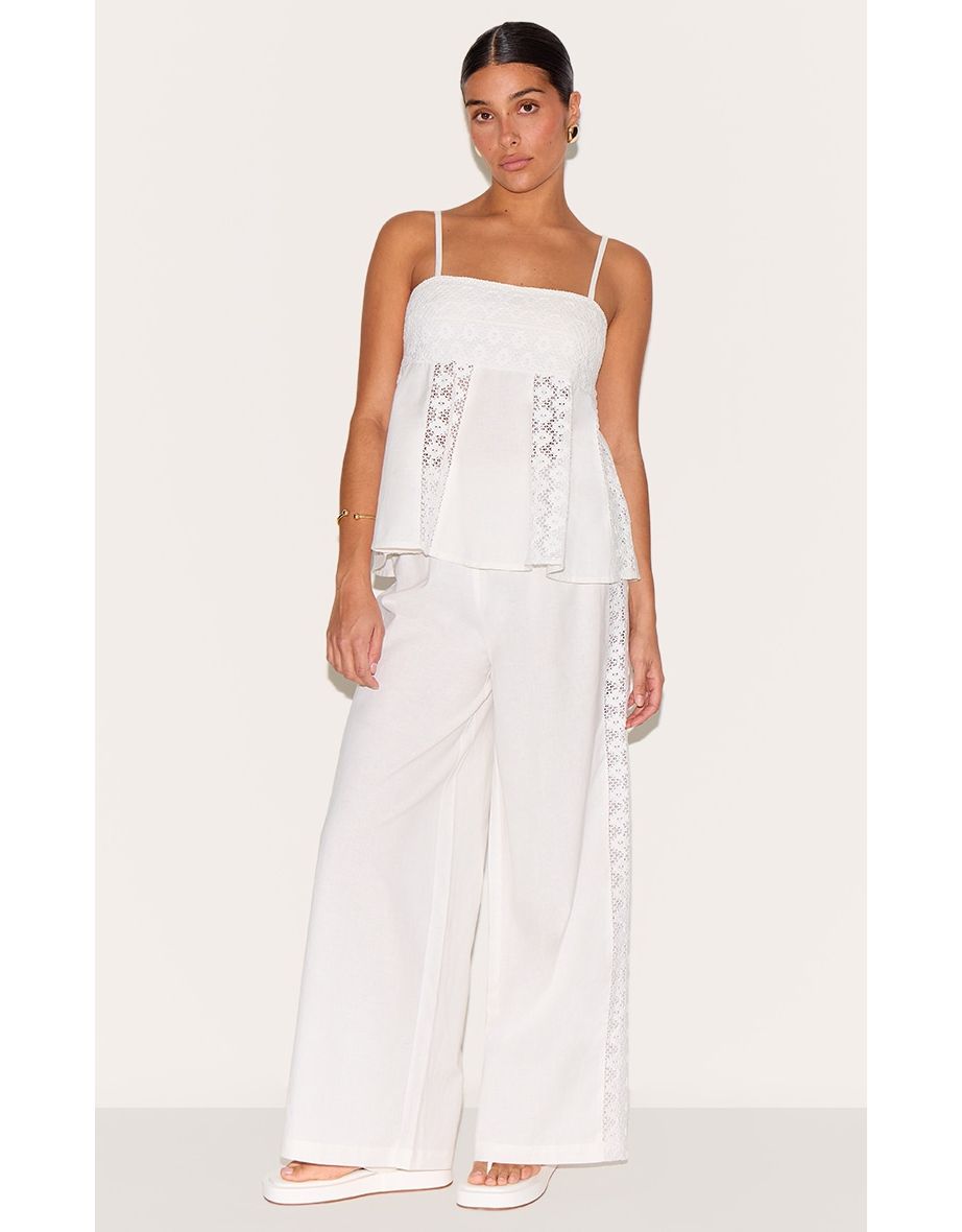 Petite White Linen Look Crochet Side Detail Top