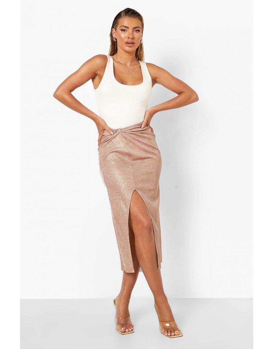 Shimmer Ruched Front Split Midi Skirt - pink