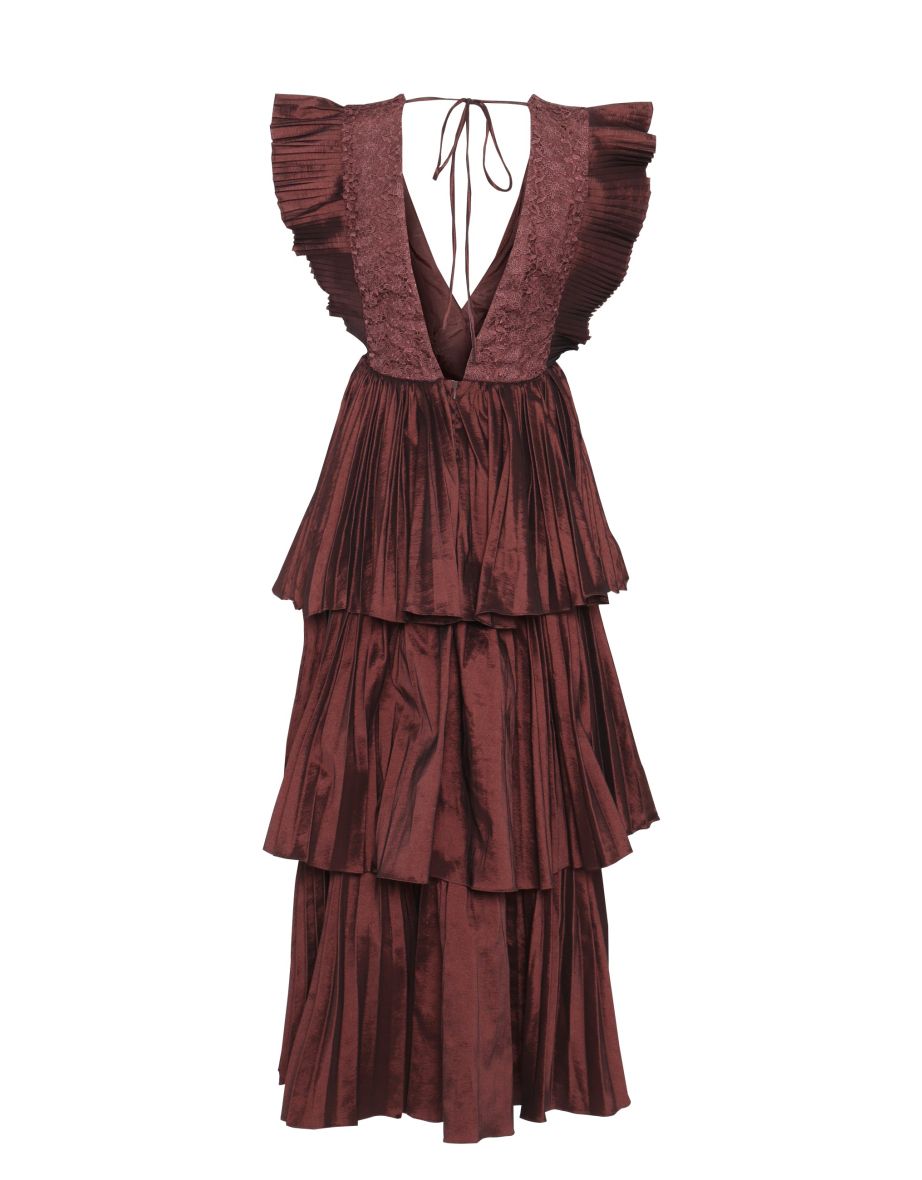 Chocolate Taffeta Pleated Tiered Midaxi Dress - 4