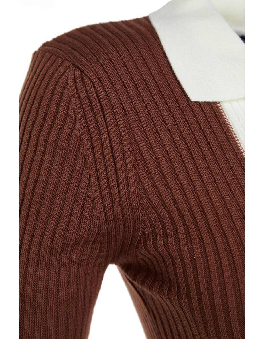 Brown Bodycon Midi Dress with Long Sleeves - 7