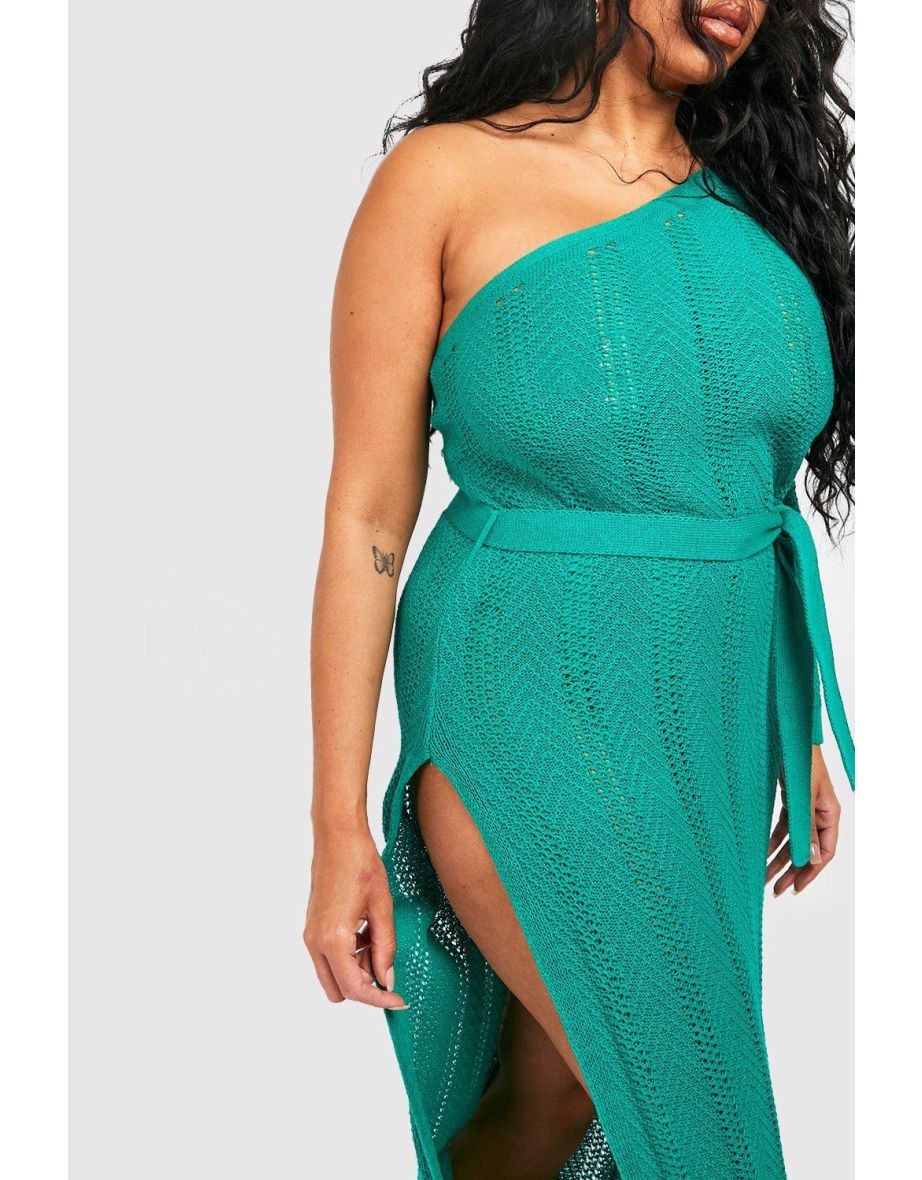 Plus One Shoulder Crochet Beach Dress - green - 3