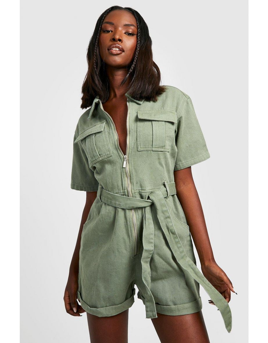 Belted Cargo Denim Playsuit - khaki