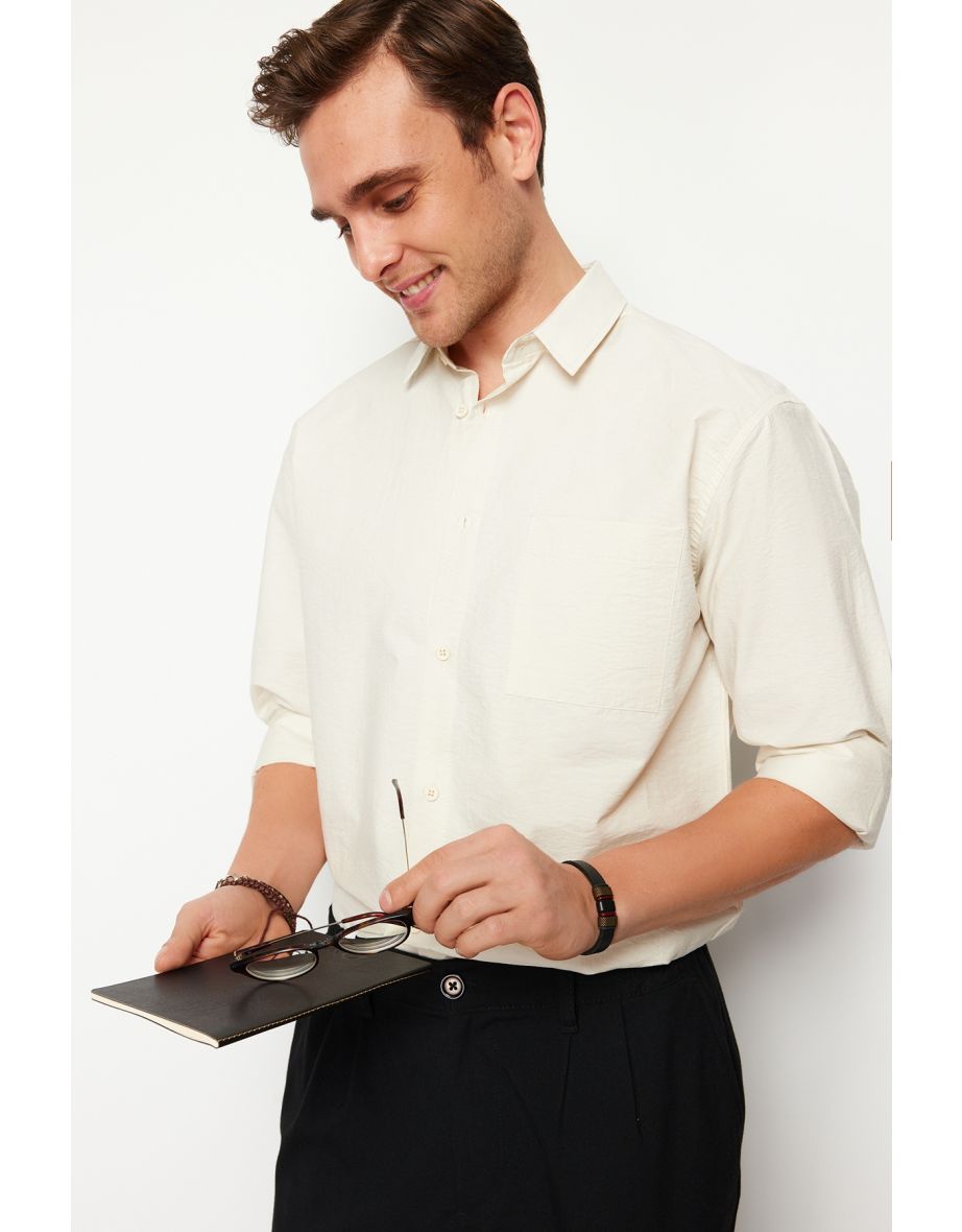 Ecru Men's Oversize Fit Textured Fabric Shirt Shirt