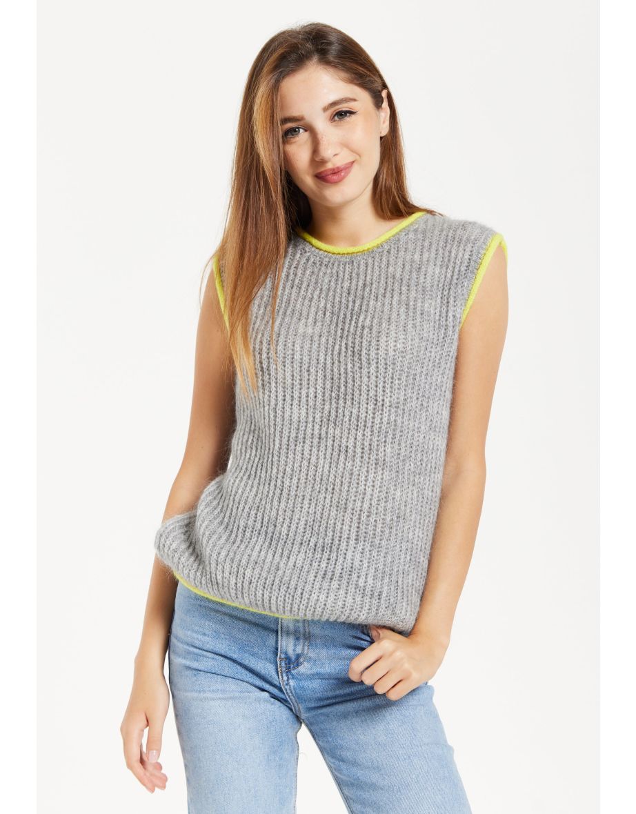 Women's Super Soft Sleeveless Ribbed Knit Sweater Vest - Grey with Contrasting White Trim