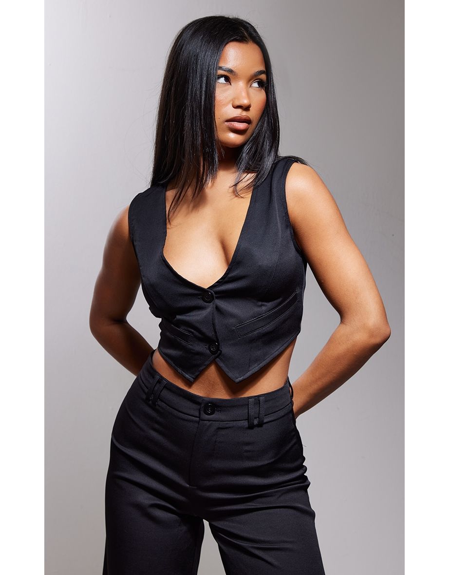 Black Woven Belted Back Detail Suit Waistcoat