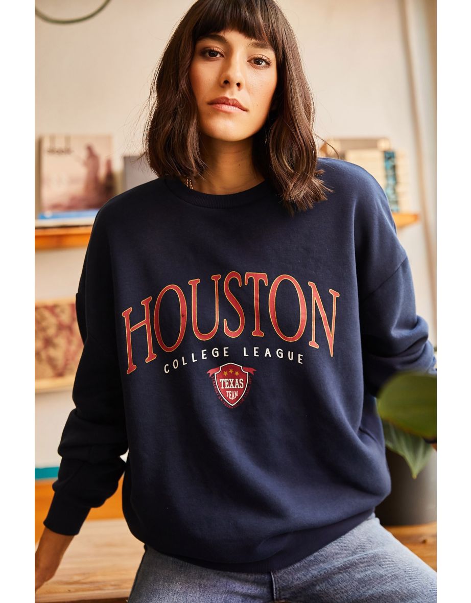 Women's Navy Houston Printed Shark Sweatshirt