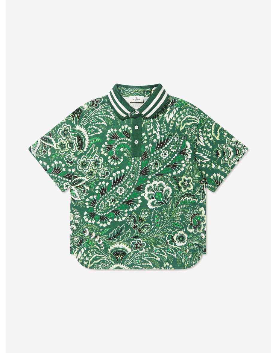 Boys Floral Paisley Polo Shirt in Green