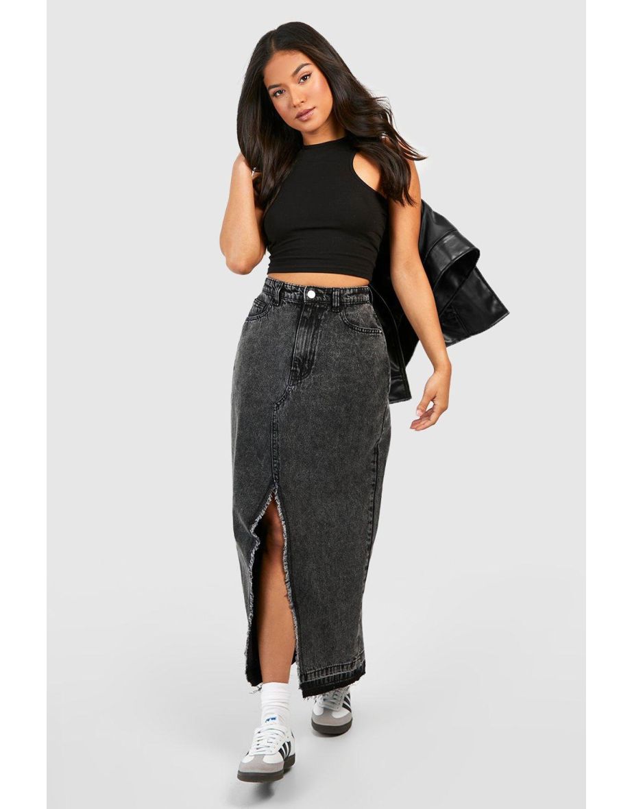 Shop Petite Acid Wash Front And Back Split Denim Maxi Skirt black Online in Oman VogaCloset
