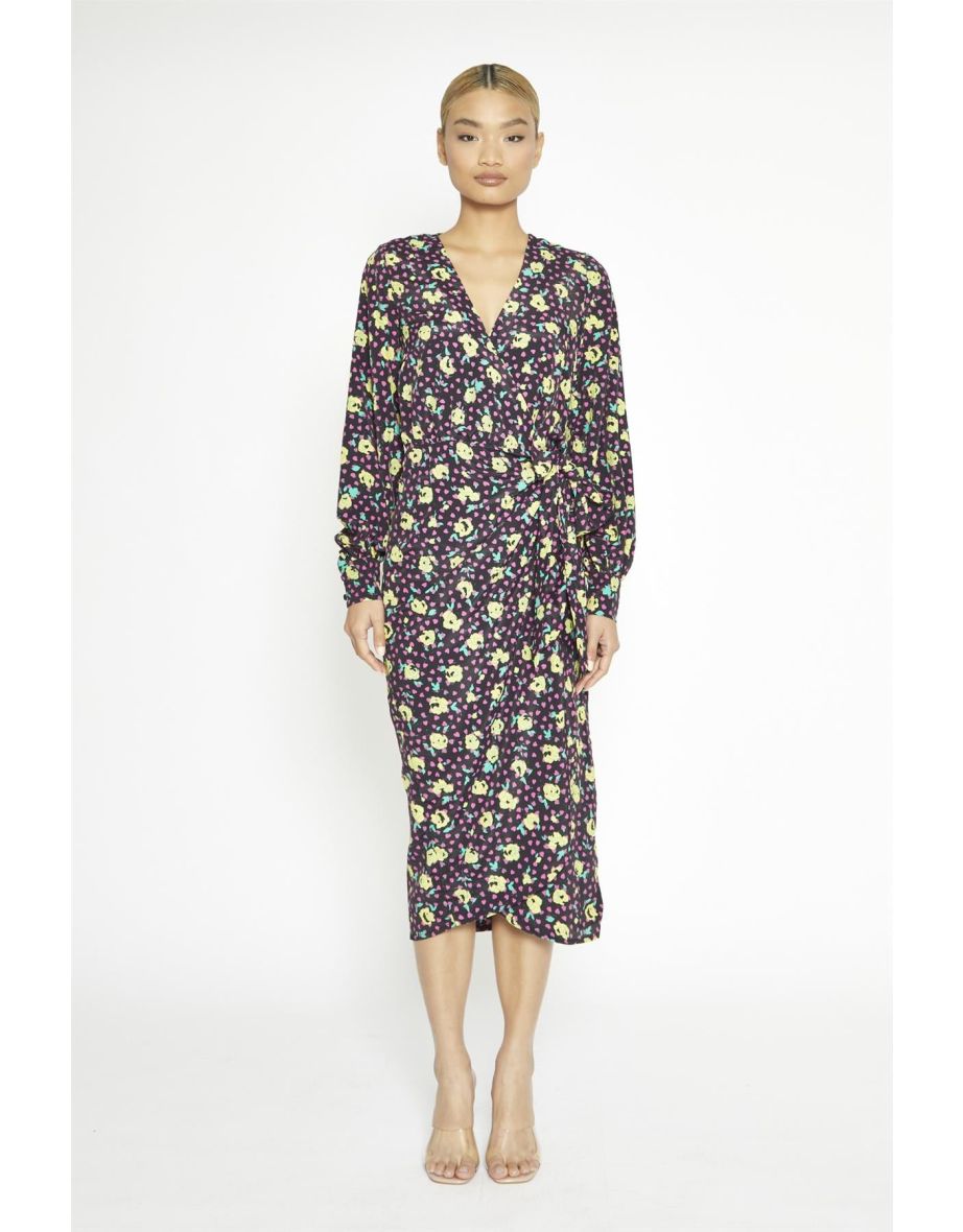 Black Multi-Roses Wrap Midaxi-Dress