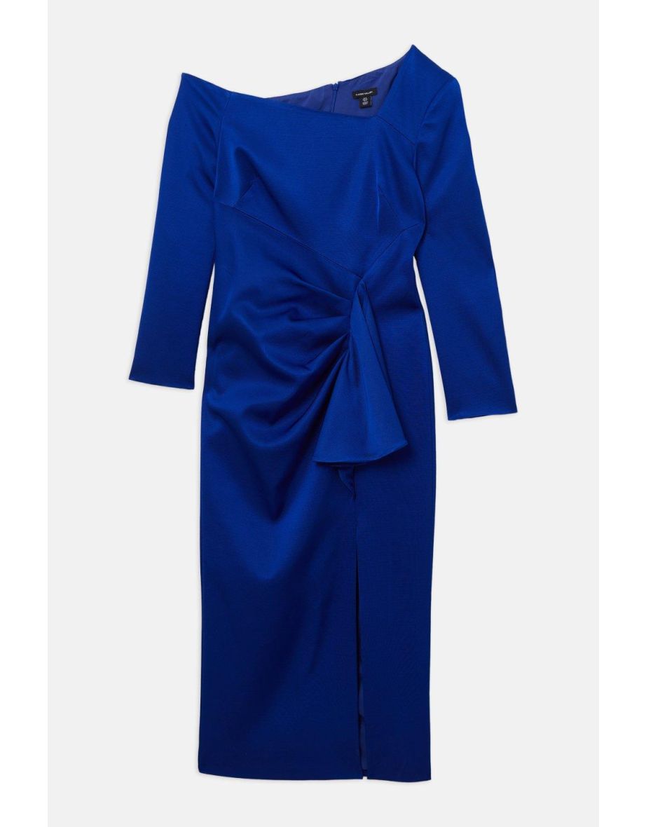 Italian Structured Rib Asymmetric Neckline Draped Tailored Midaxi Dress - 3