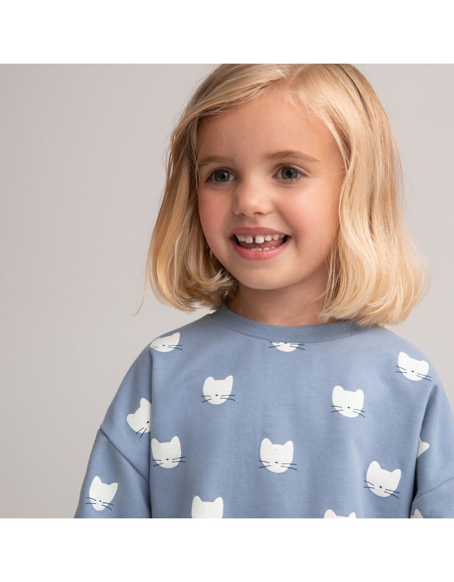Cat Print Cotton Sweatshirt with Puff Sleeves and Crew Neck - 4
