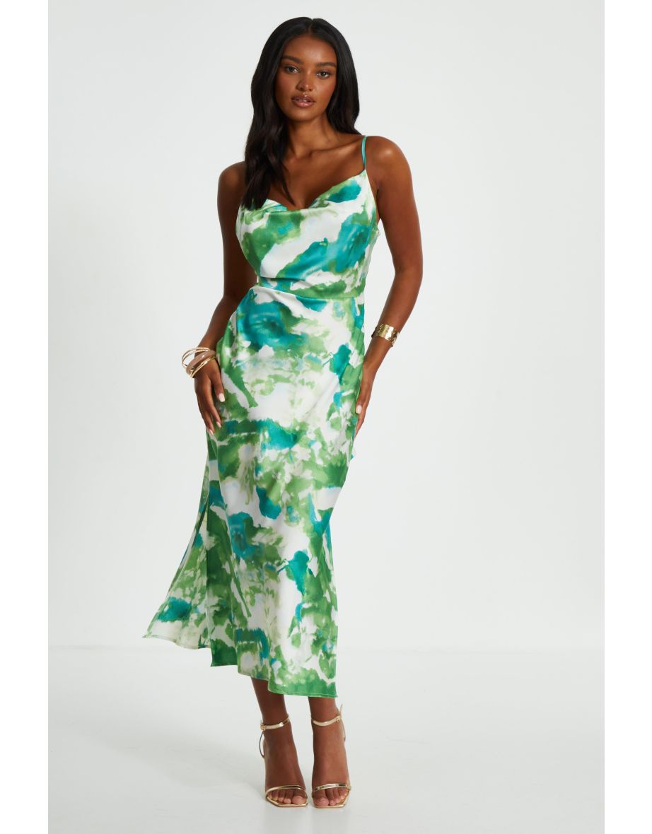 Green Marble Print Cowl Neck Midaxi Dress