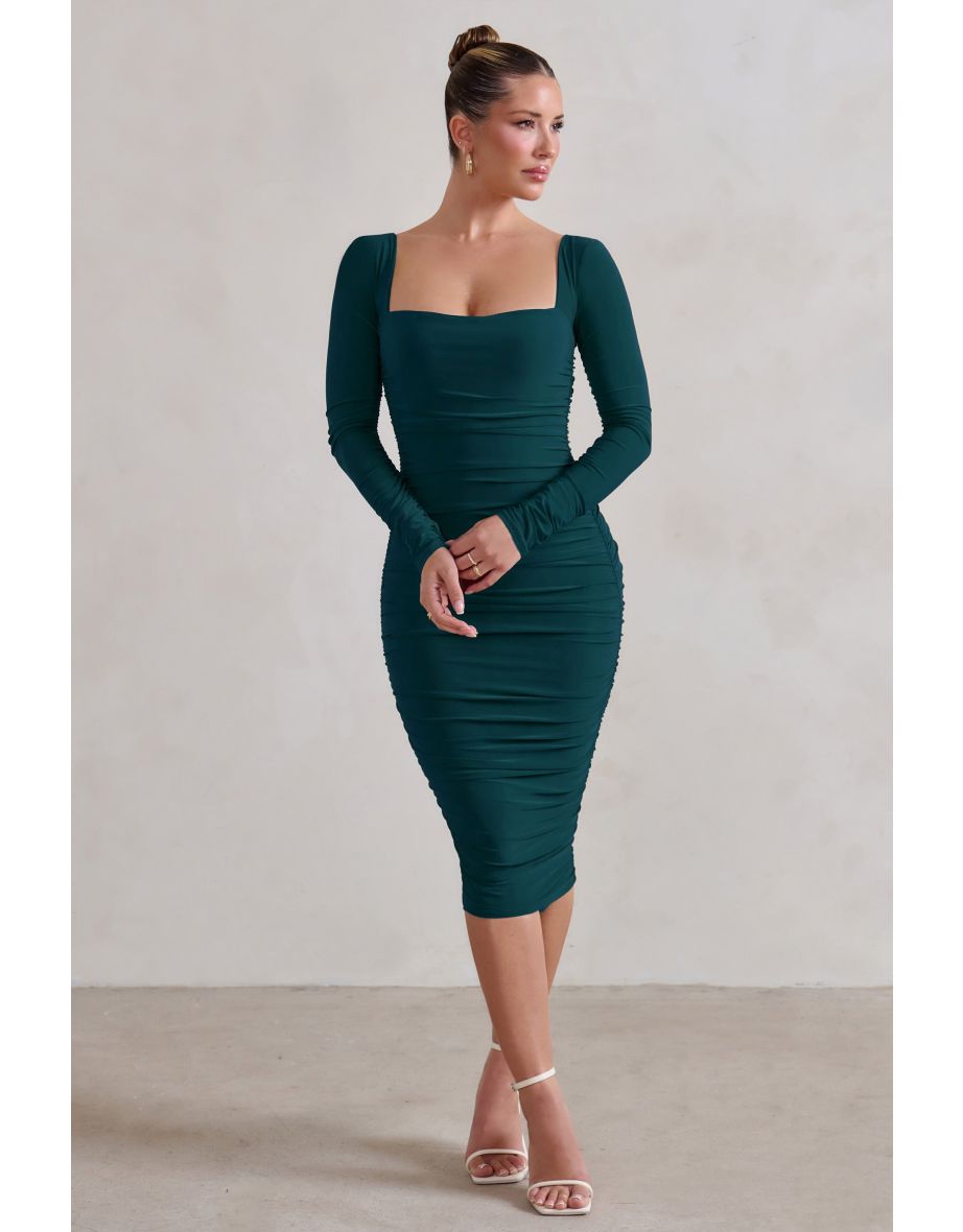 Seductress | Bottle Green Square Neck Bodycon Midi Dress With Long Sleeves