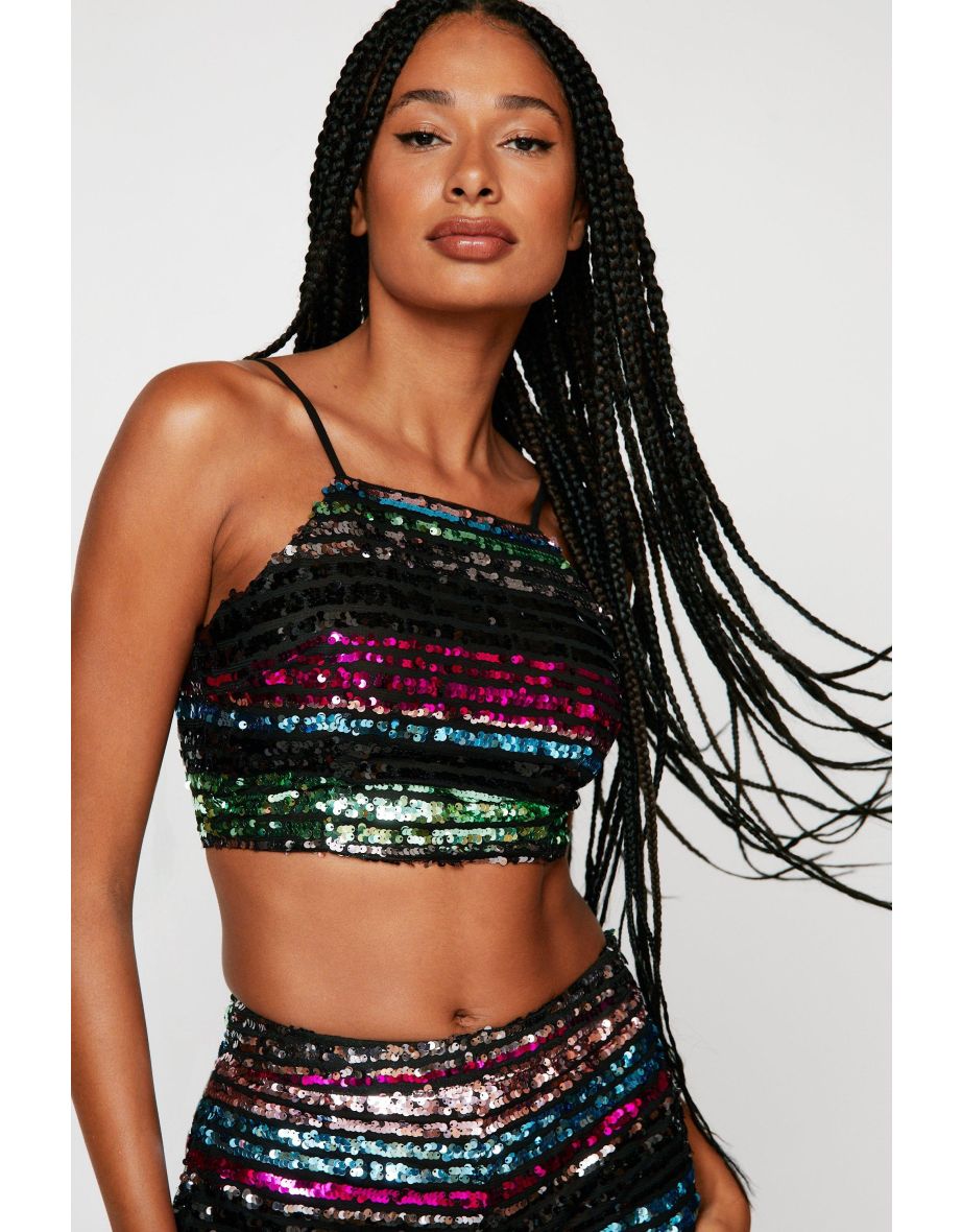Stripe Sequin Halter Neck Top