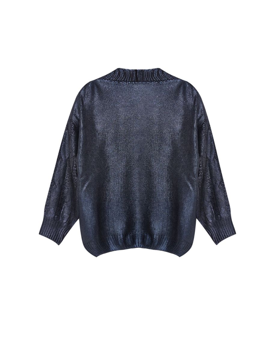 Navy Blue Coated Hair Braided Knitwear Cardigan - 6