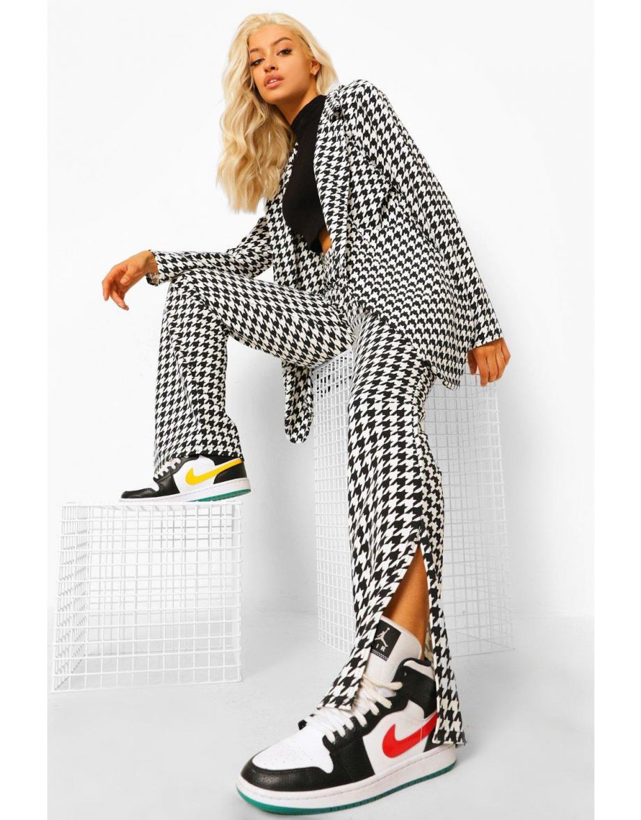 Dogtooth Check Split Front Trousers - black