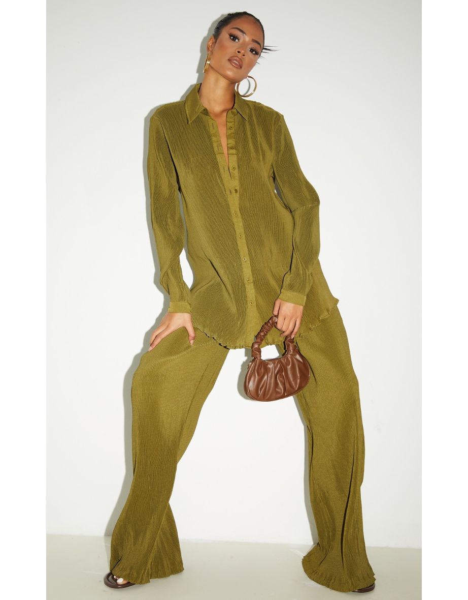 Tall Olive Plisse High Waisted Wide Leg Trousers
