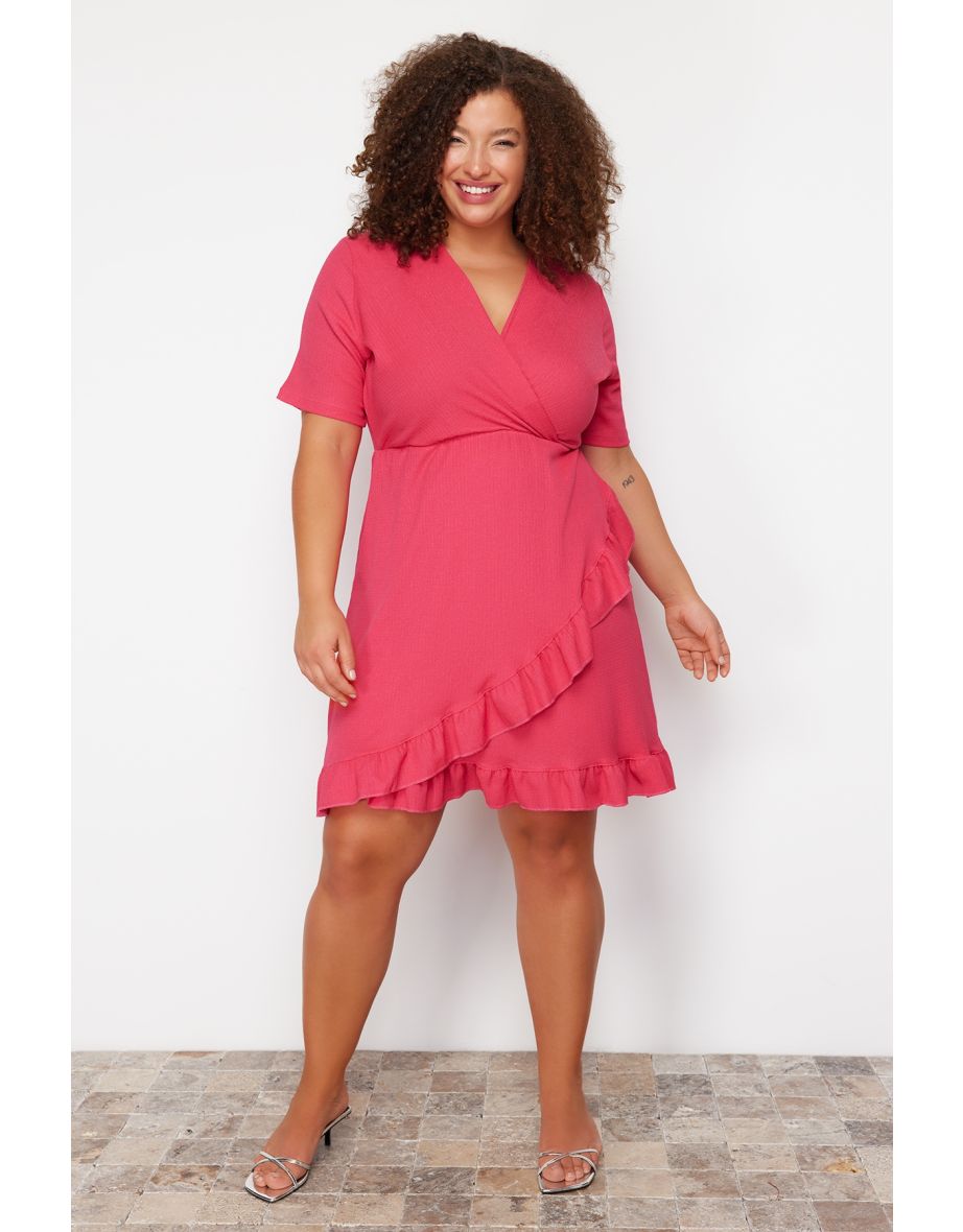 Pink Double Breasted Flounce Knitted Dress Double Breasted Flounce Mini Knitted Dress