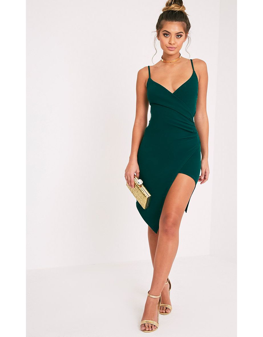 Lauriell Emerald Green Wrap Front Midi Dress