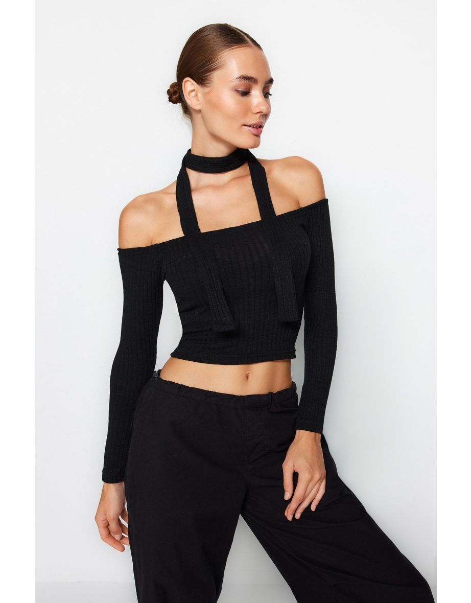 Black Ribbed Carmen Collar Shawl Detail Fitted/Situated Crop Stretch Knitted Top
