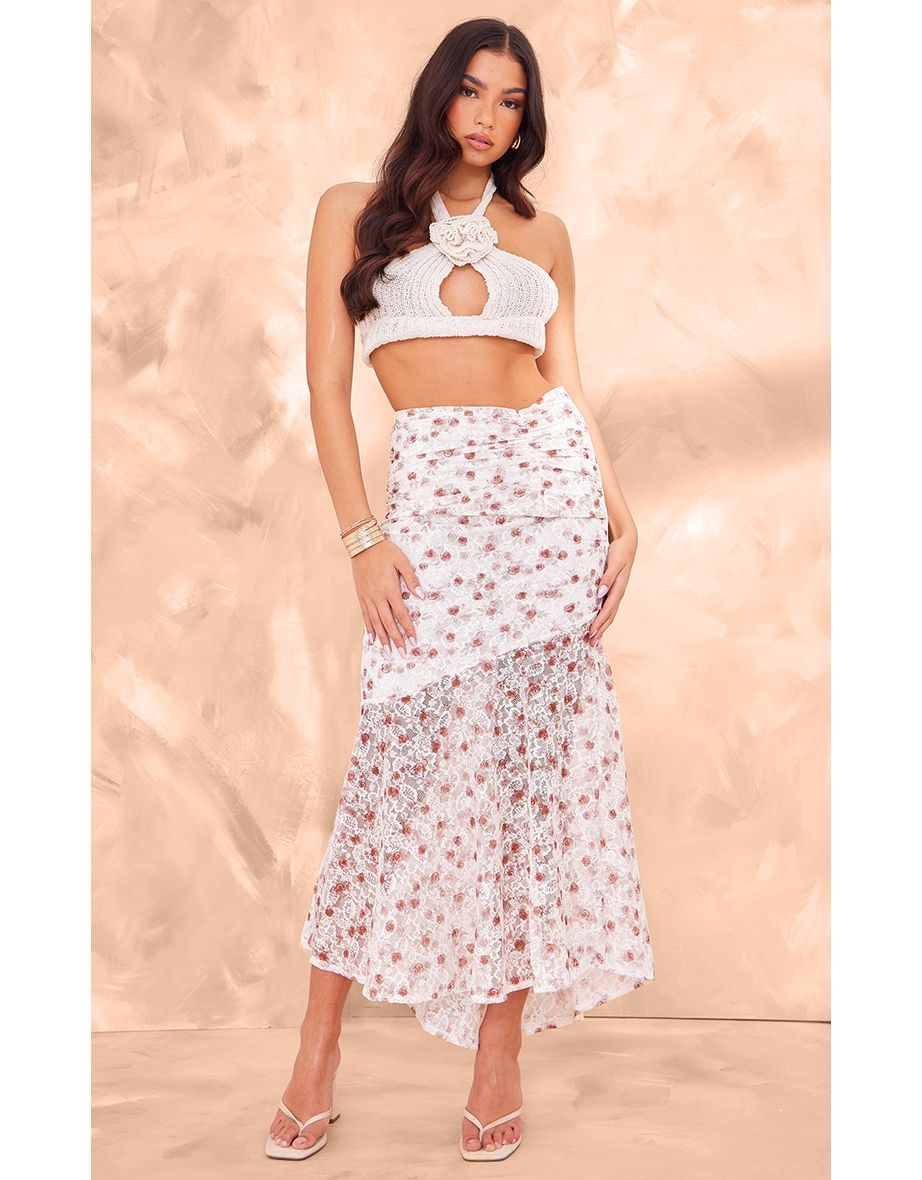 Shop Pink Floral Printed Lace Frill Hem Skirt Online in Bahrain VogaCloset