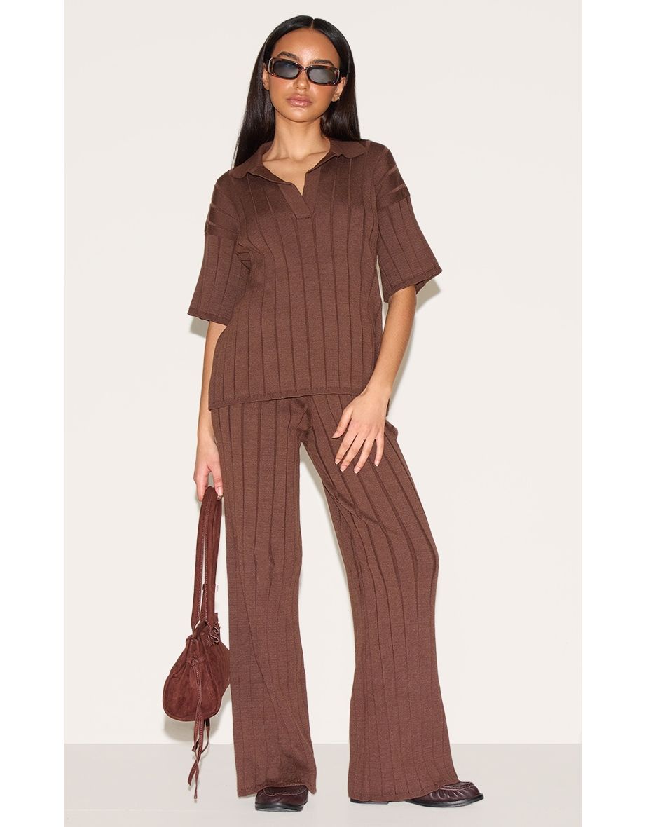 Petite Chocolate Wide Rib Knit Trousers