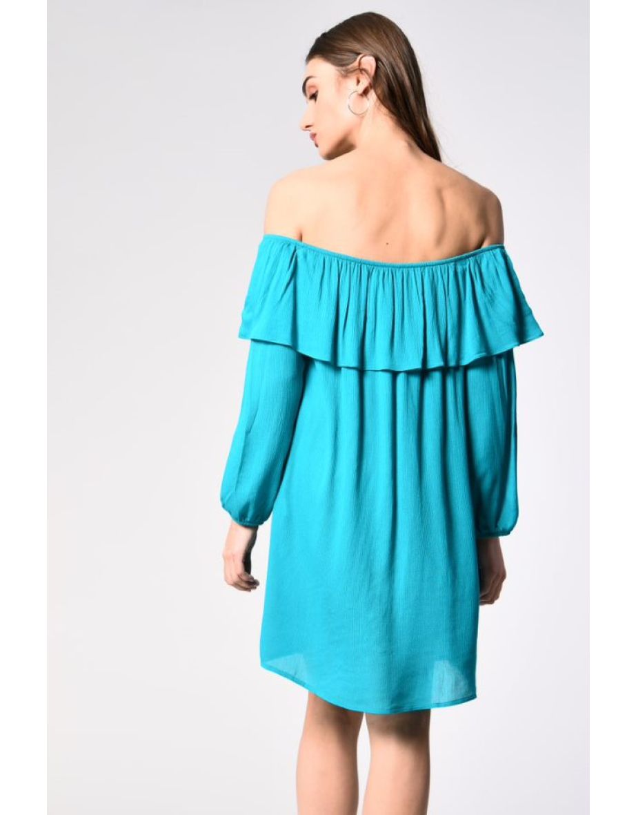 Glamorous Off The Shoulder Long Sleeve Teal Dress - 2