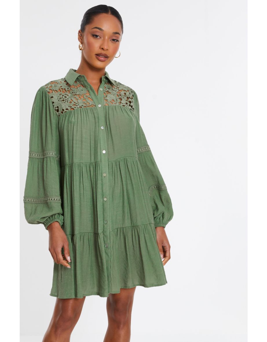 Khaki Crochet Mini Shirt Dress