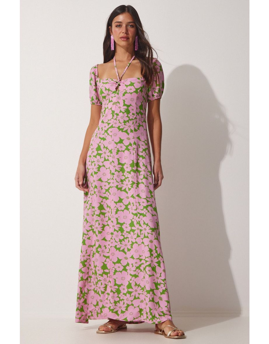 Women's Pink Green Floral Slit Viscose Summer Dress