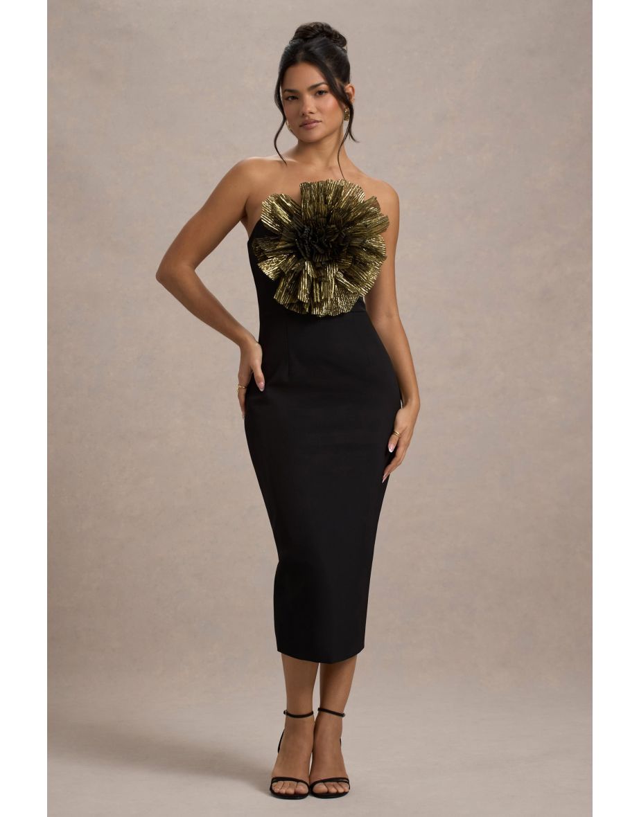 Moya | Black & Gold Bodycon Midaxi Dress With Corsage Detail