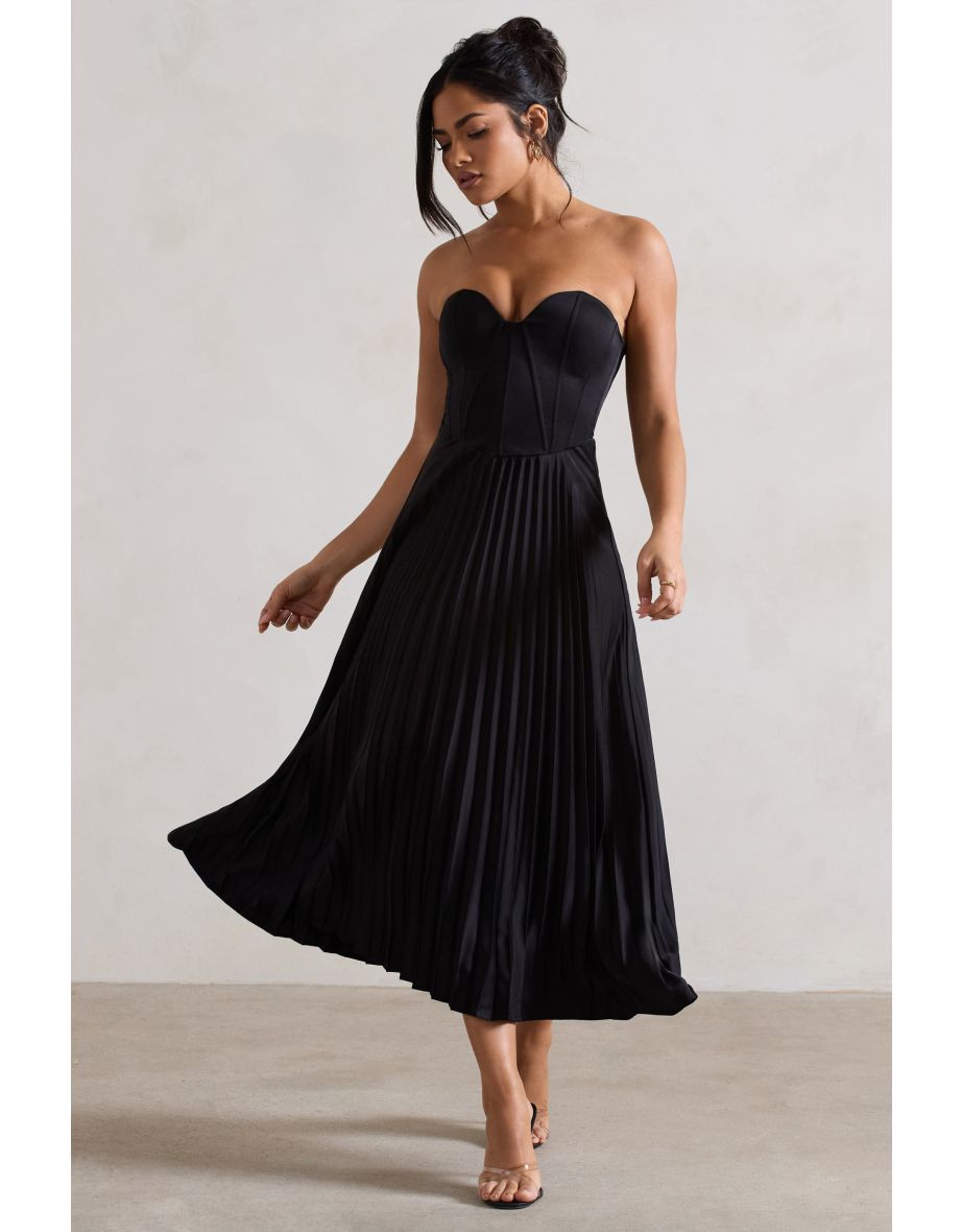 Bordeaux | Black Satin Corset Style Midi Dress