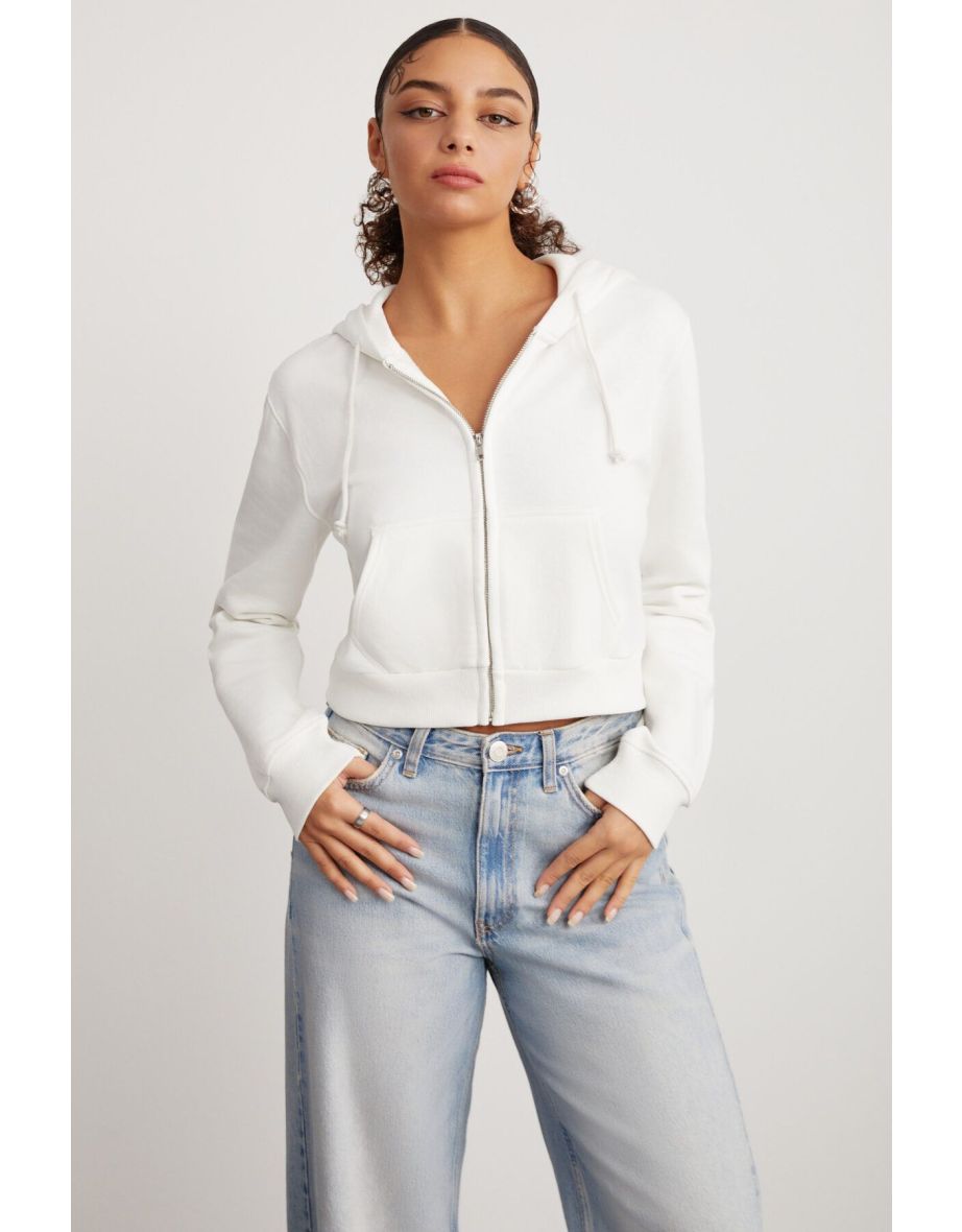 Delia Women's Crop 3 Thread Raster Knitted Relaxed Fit Zippered Hooded White Sweatshirt