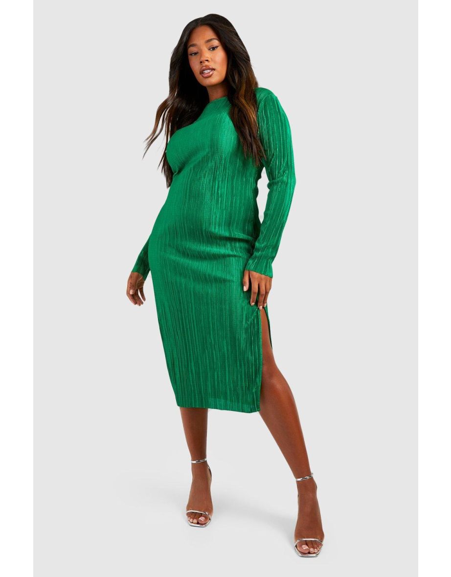 Plus Plisse Split Long Sleeve Midi Dress - green