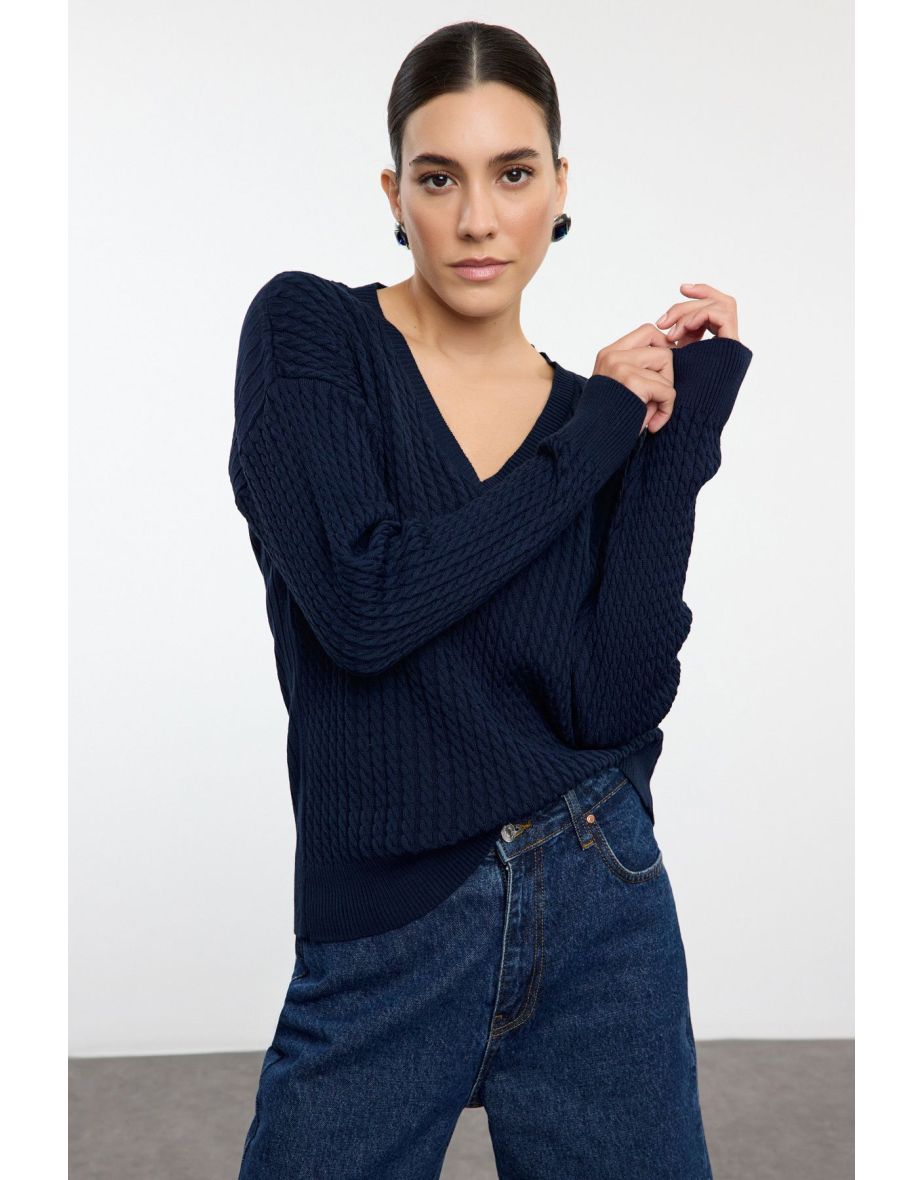 Navy Blue Wide Pattern Hair Braid Detailed Knitwear Sweater