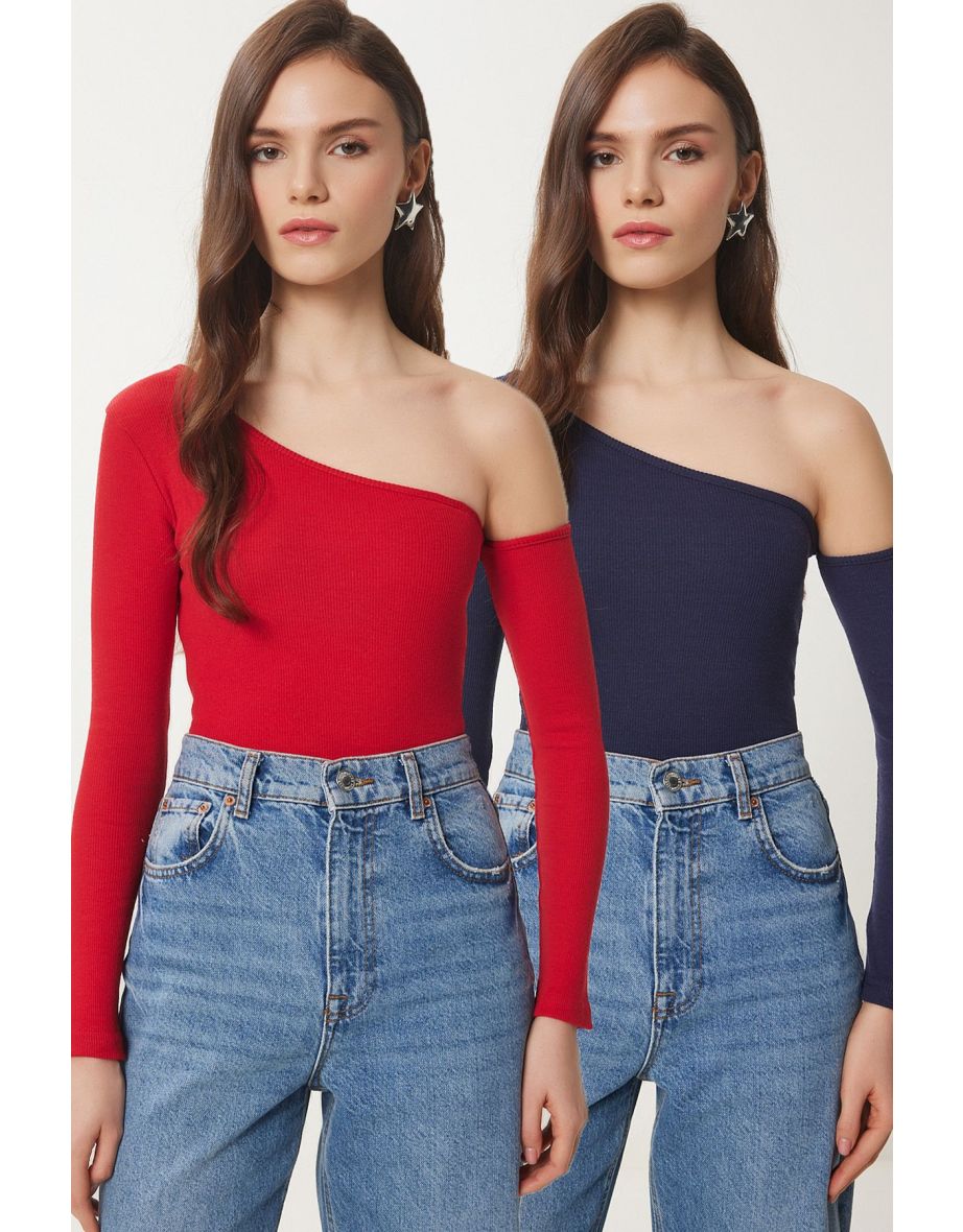 Women's Red Navy Blue Open Shouldered Ribbed 2-Piece Knitted Blouse