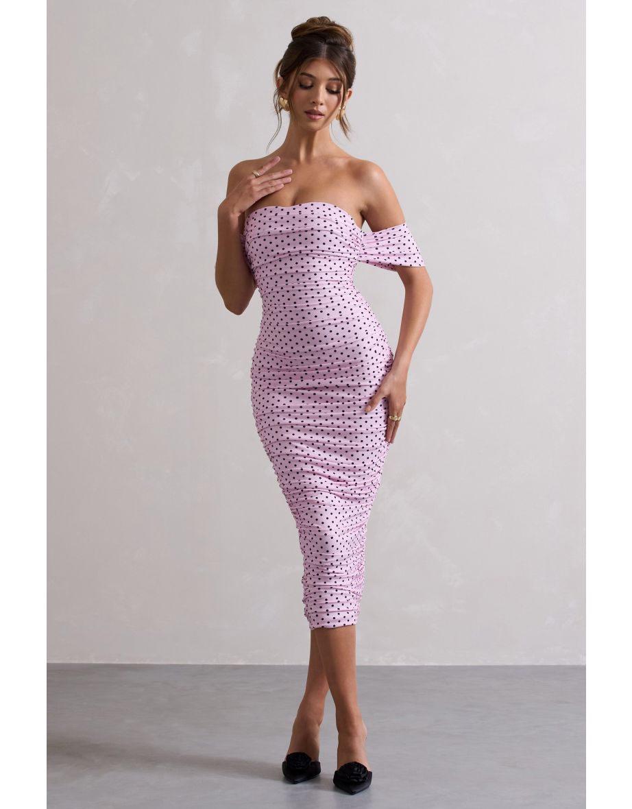 Lost For Words | Pink Polka Dot Bardot Ruched Draped Dress - 4