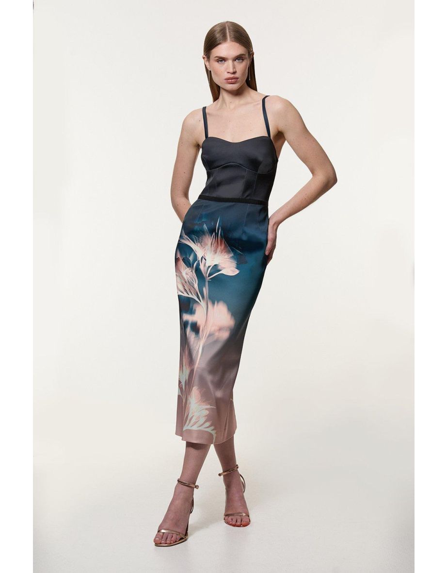 Abstract Ombre Floral Italian Structured Satin Tailored Corset Midi Dress