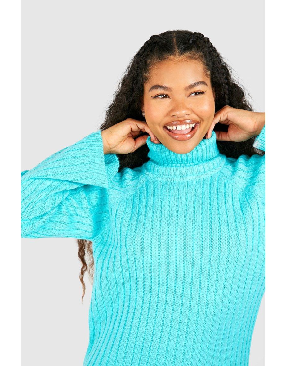 Petite Roll Neck Wide Sleeve Jumper Dress - turquoise - 3