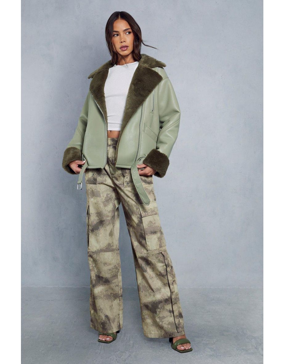 Fur Lined Oversized Leather Look Aviator Coat
