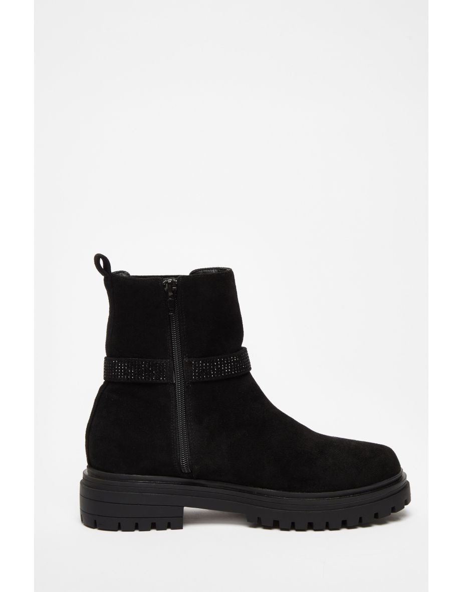 Black Diamante Chunky Buckle Boots - 4